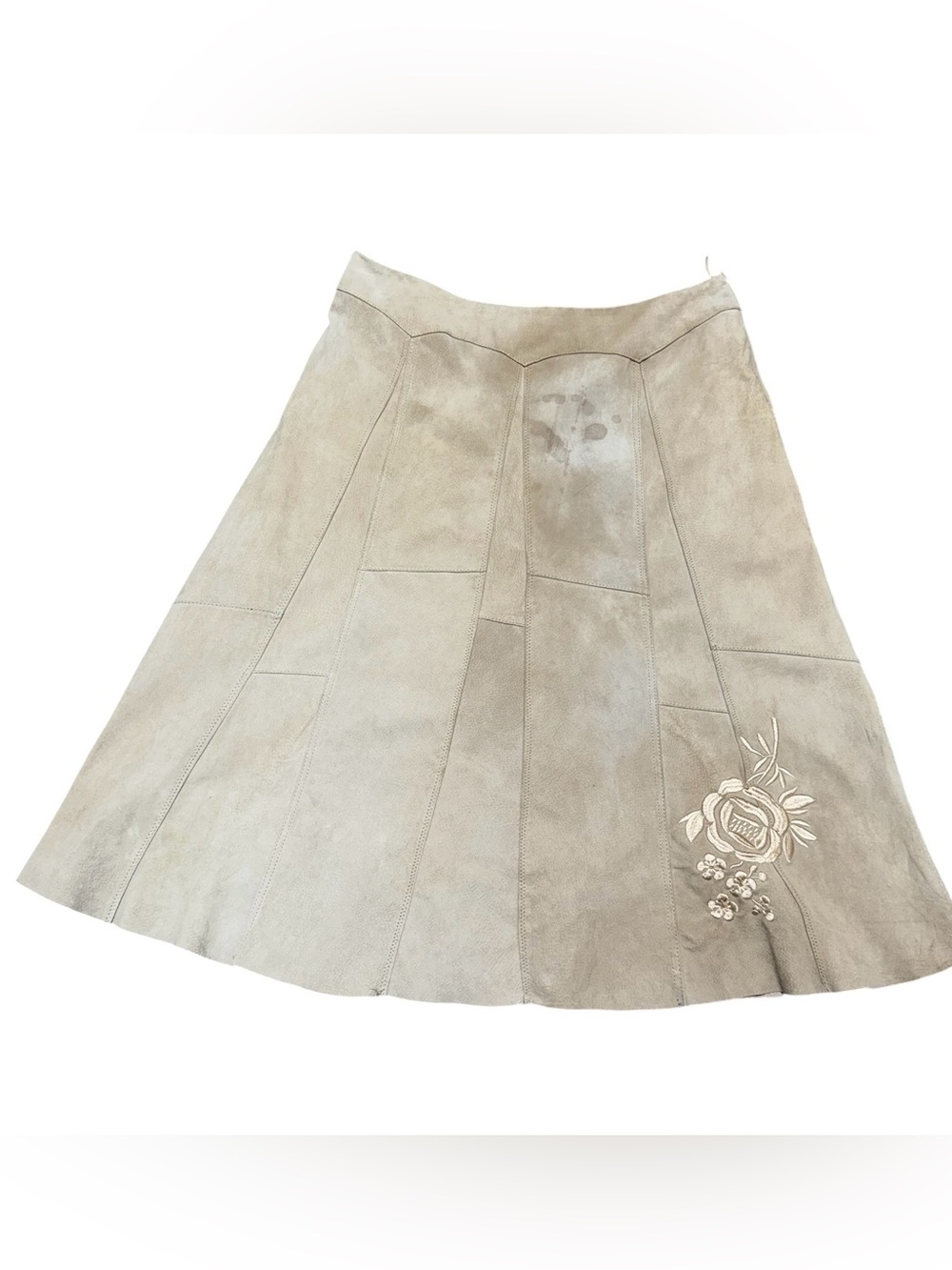VTG Brownstone Studio Beige Suede Leather Midi Skirt Floral Embroidered Size 18